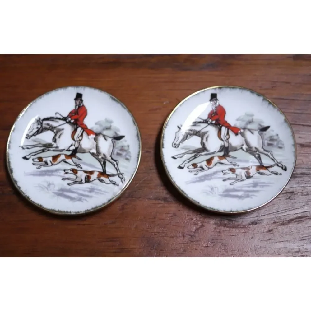 Pair Vintage Coimbra Portugal Equestrian Hunting Ceramic Saucer Plates Coasters